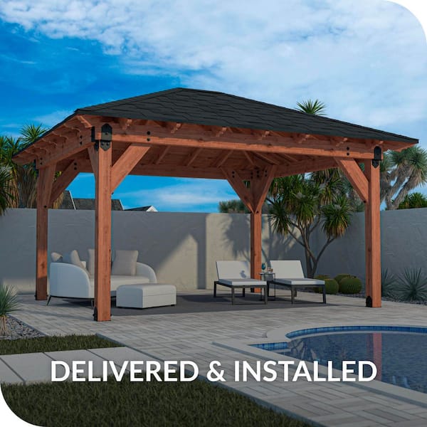 Pro Assembled Patio Hip Pavilion 14 ft. x 14 ft. Premium North American Timber Outdoor Patio Pavilion with Solid Posts