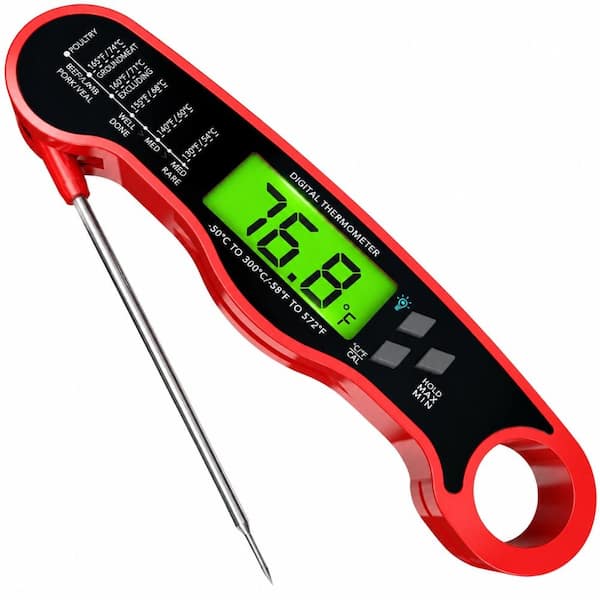 Red Digital Instant-Read Meat Thermometer with Backlight and Waterproof Probe for Grill and Candy