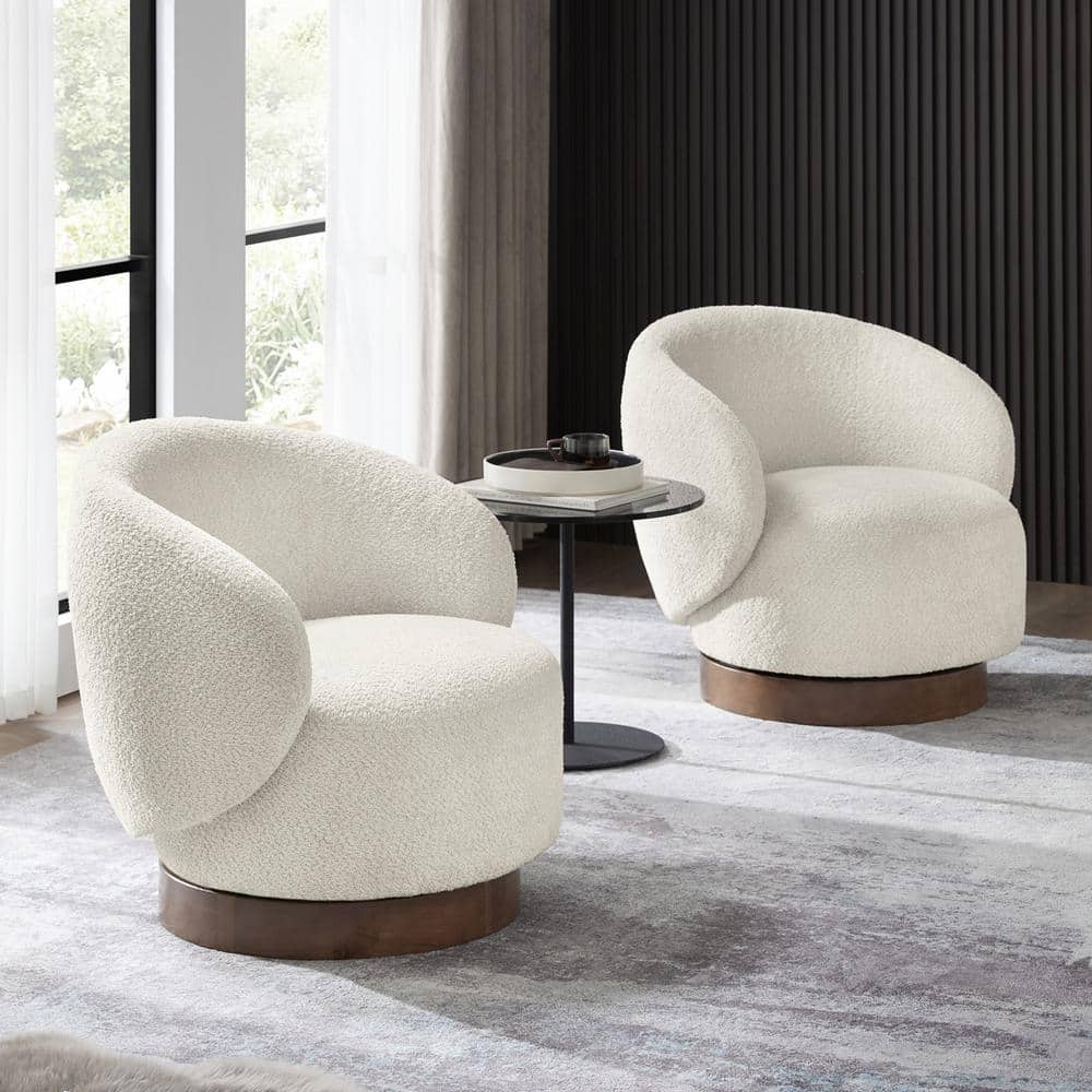 Cream Swivel Barrel Accent Chair with Wood Base