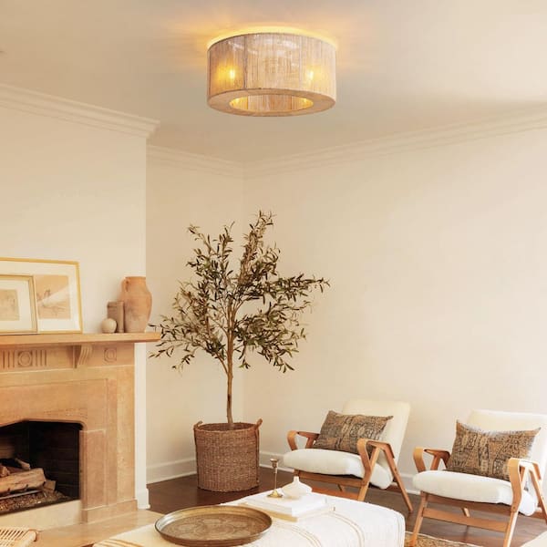 18 in. Indoor Boho Brown Jute Rope Cage Drum Low Profile Flush Mount Fandelier Ceiling Fan with Remote No Bulbs Included