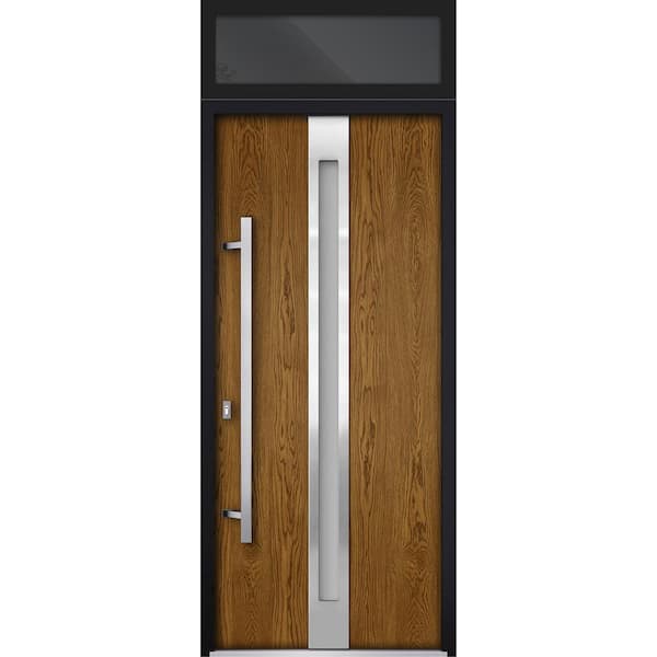 VDOMDOORS 36 in. x 96 in. Right-Hand/Inswing Transom Frosted Glass Natural Oak Steel Prehung Front Door with Hardware