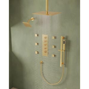 15-Spray Patterns 16 and 6 in. Square Dual Shower Head Ceiling Mount Fixed and Handheld Shower Head in Brushed Gold