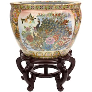 Oriental Furniture 14 in. Famille Rose Porcelain Fishbowl