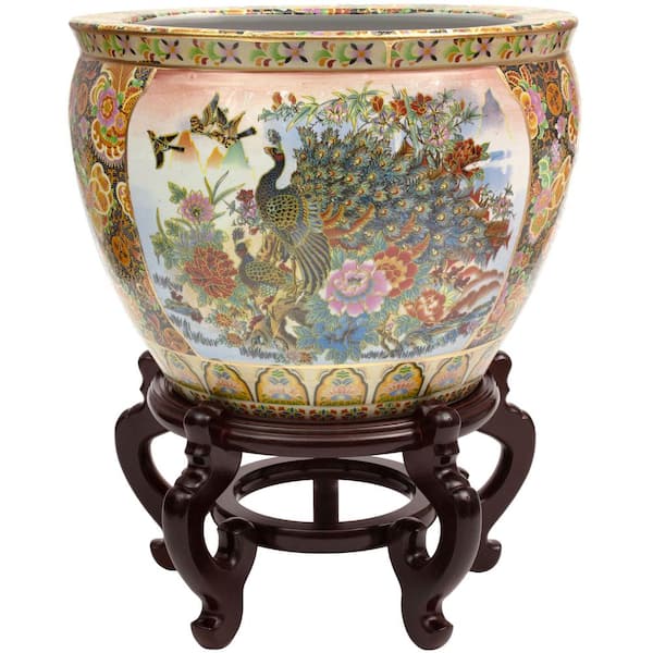 Unbranded Oriental Furniture 14 in. Satsuma Garden & Peacock Porcelain Fishbowl