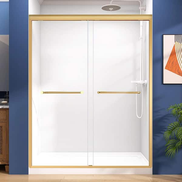 56 to 60 in. W x 75 in. H Double Sliding Shower Door in Gold Framed Bypass Alcove Shower Door with Clear Glass