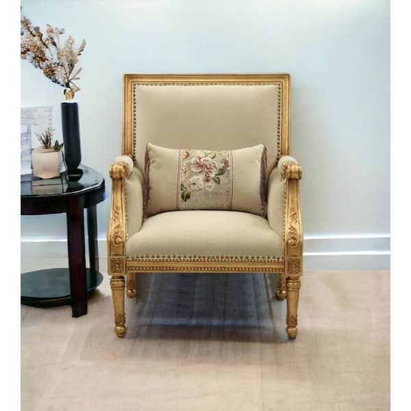 HomeRoots Beige and Gold Armchair Set of 1 with Nail head Trim