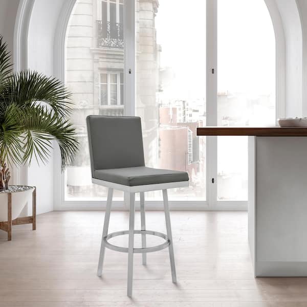 Armen Living Rochester Grey Swivel Modern Metal and Faux Leather Bar and Counter Stool