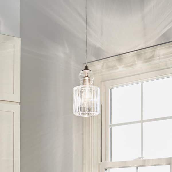 Riviera 10.75 in. 1-Light Brushed Nickel Transitional Shaded Kitchen Mini Pendant Hanging Light with Clear Ribbed Glass