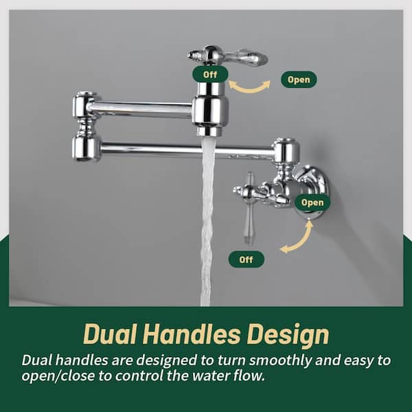 Wall Mounted Folding Pot Filler with Double-Handle Brass Stretchable Kitchen Sink Faucet in Chrome