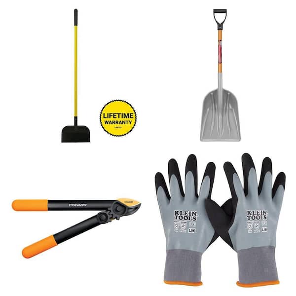 54 in. Steel Scraper Shovel, 31 in. Plastic Scoop Shovel, 1-1/4 in. Cut Pruner Lopper, and Thermal Gloves Combo