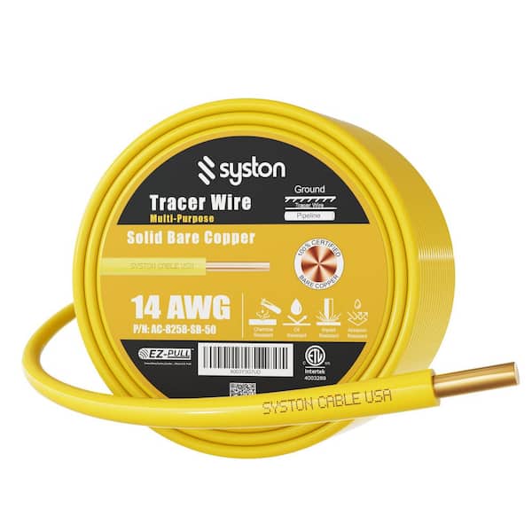 100 ft. Yellow 14 AWG 600-Volt Solid Bare Copper Direct Burial Tracer Wire Locating Underground Gas, Water, Sewer Pipes