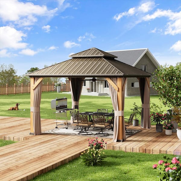 12 ft. x 12 ft. Brown Cedar Wood Frame Hardtop Gazebo with Galvanized Steel Double Roof, Curtains and Netting
