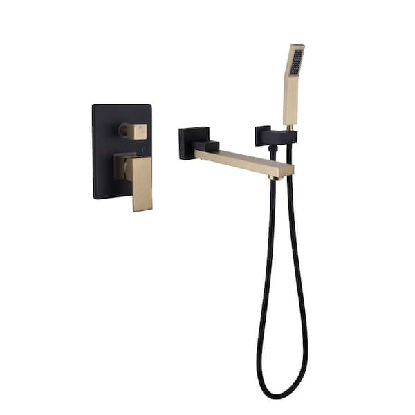 Single-Handle Wall-Mounted Roman Tub Faucet with Hand Shower Brass 3 Hole Bath Tub Fillers in Matte Black & Brushed Gold