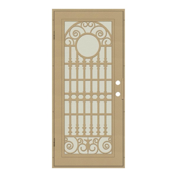 Unique Home Designs 32 in. x 80 in. Spaniard Desert Sand Right-Hand Surface Mount Aluminum Security Door with Beige Perforated Metal Screen
