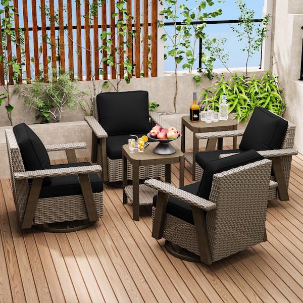 JOYSIDE 6-Piece Wicker Patio Swivel Rocking Chair Conversation Set with Black Cushions