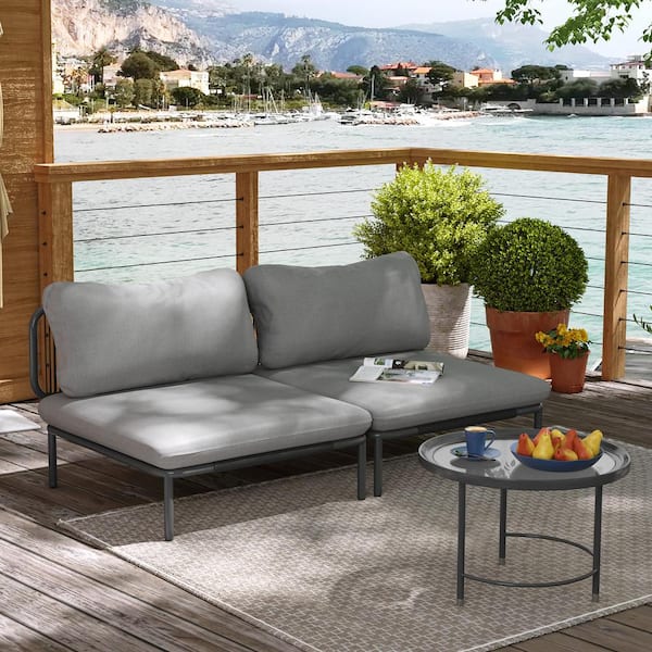 Pellebant 2 Piece Metal Outdoor Sectional Sofa with Dark Gray Cushions 2-Armrest