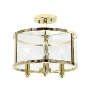 13 in. 3-Light Gold Iron and Glass Shade Industrial Ceiling Mounted Round Semi-Flush Mount
