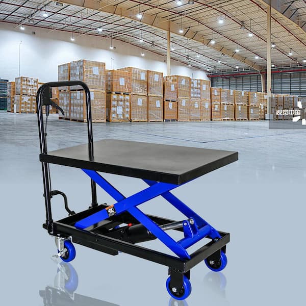 17.72in Hydraulic Lift Trolley, 500 LBS Capacity, with 4 Wheels, for Material Handling and Transportation, BLACK+BLUE