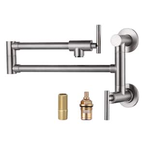 Brass Wall Mounted Pot Filler with Double Handle in Brushed Nickel