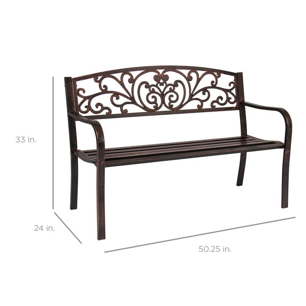 Bronze Floral Design Outdoor Steel Bench with Slatted Seat