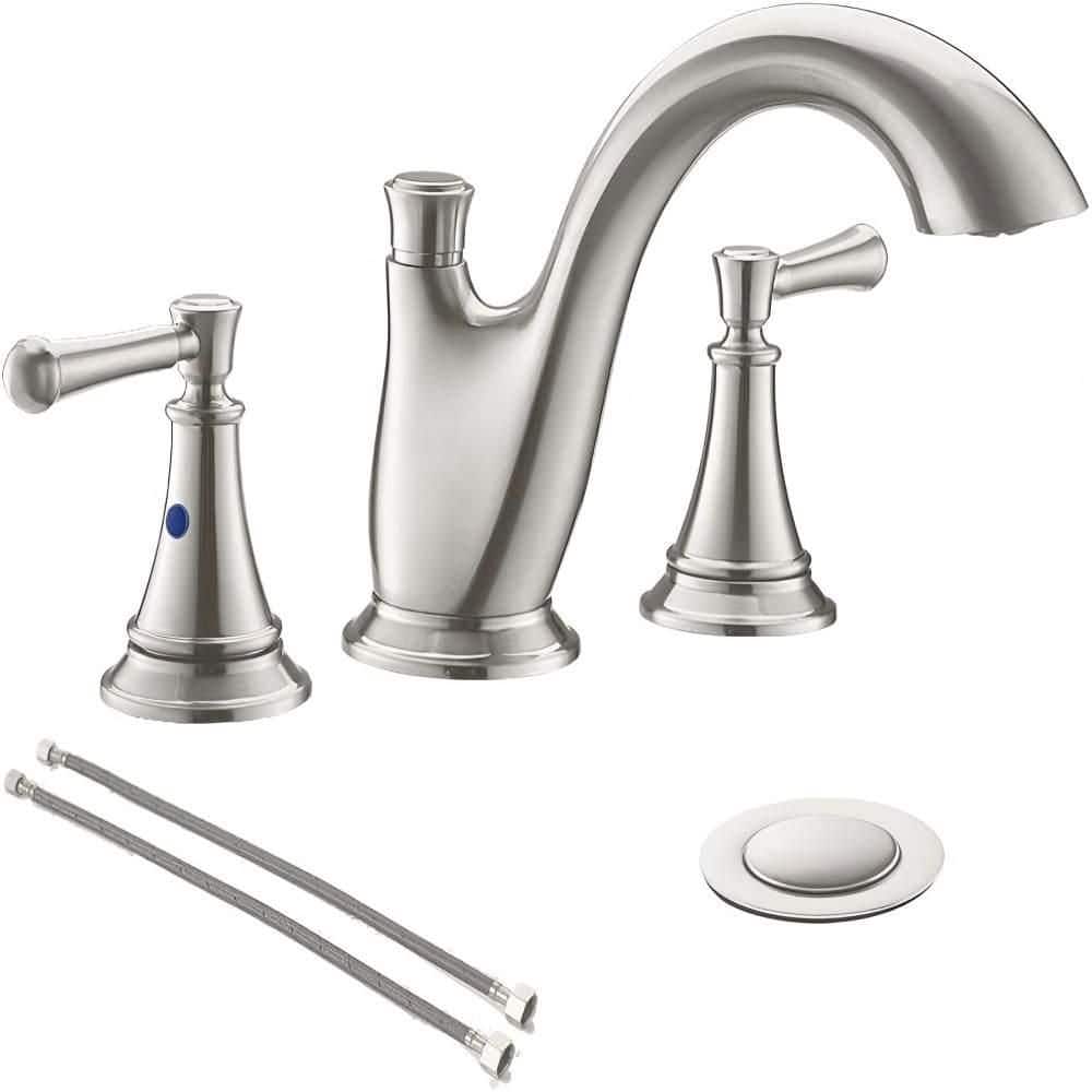 Lead-Free Brushed Nickel 8 in. 2 Handles 3 Holes Widespread Bathroom Faucets, with Metal Drain and Water Supply Hoses price history on PriceWatchPro