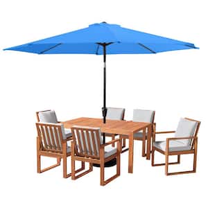 8 Piece Set, Weston Wood Outdoor Dining Table Set with 6 Cushioned Chairs, and 10-Foot Auto Tilt Umbrella Brilliant Blue