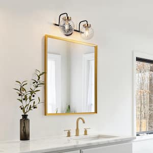 ASTRID Modern 15 in. 2-Light Black Vanity Light Brass Wall Sconce with Textured Globe Glass Shades