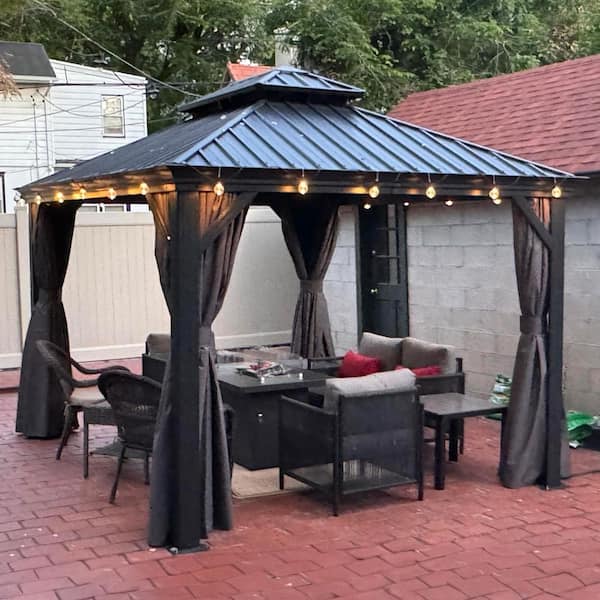 PURPLE LEAF 10 ft. x 13 ft. Gray Aluminum Power-Coated Frame Galvanized Steel Double Roof Hardtop Gazebo,Hooks, Netting,Gray Curtain