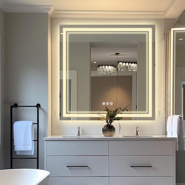 DurX-litecrete 36 in W x 36 in H Square Frameless Wall Mount 3 Colors Dimmable Anti-fog LED Bathroom Vanity Mirror Memory