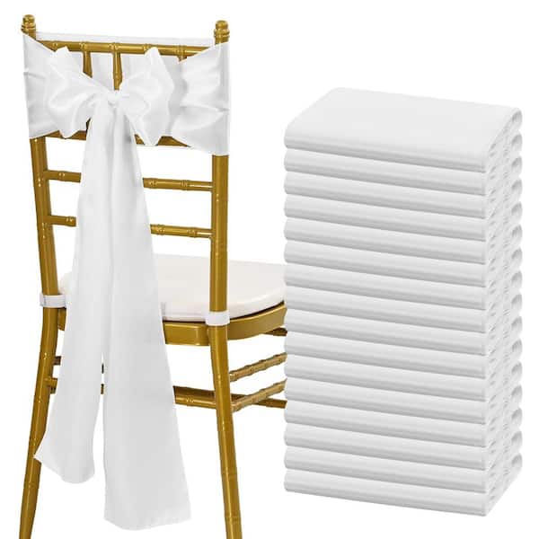 Angel Sar 7 in. x 108 in. Satin Chair Sashes Bows Universal Chair Cover for Wedding Event Decorations, White