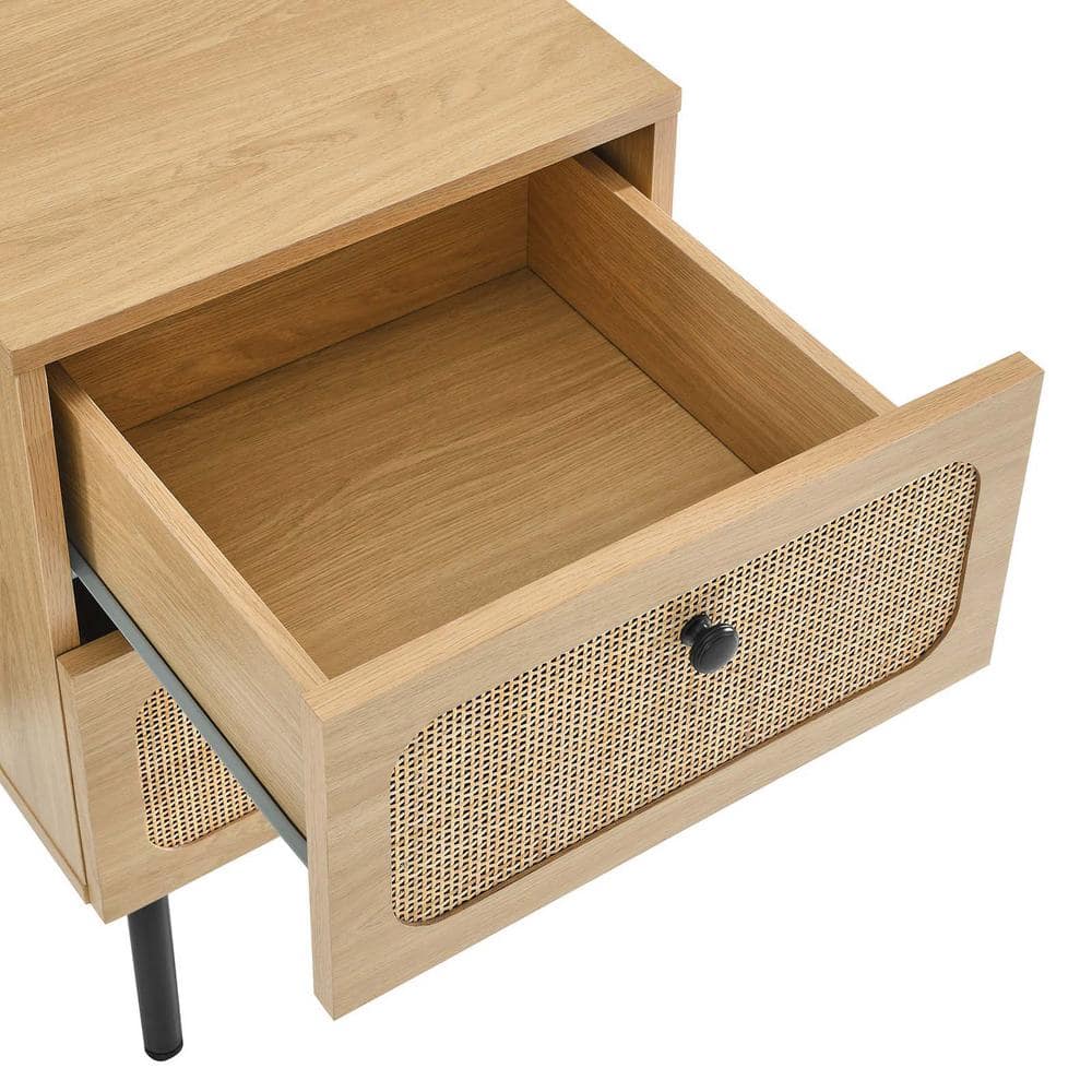 Oak and Rattan 2-Drawer Nightstand with Black Legs