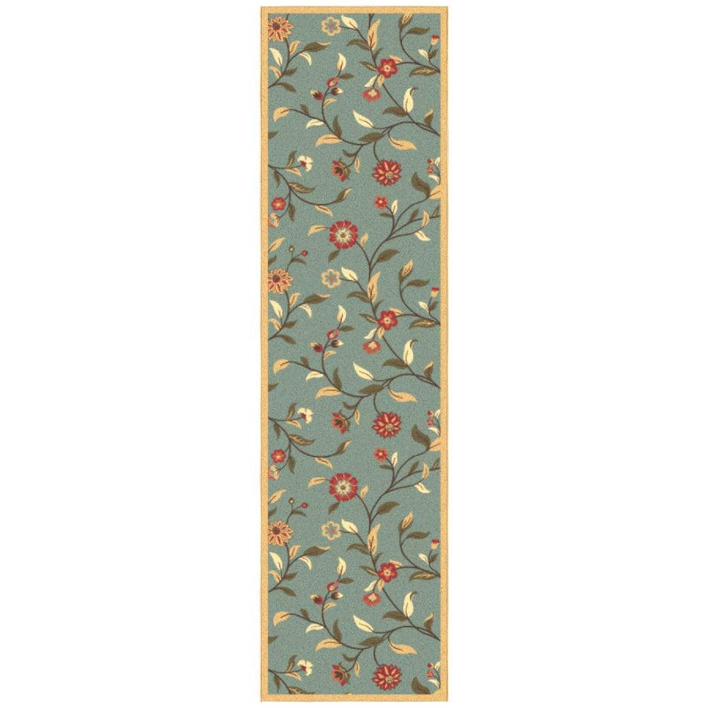 Seafoam Green Floral Non-Slip Hallway Runner Rug