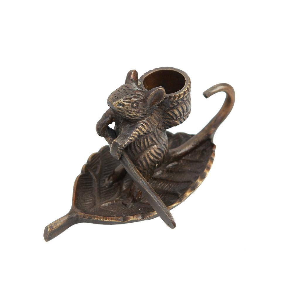 Antique Brass Mouse on Leaf Candle Holder