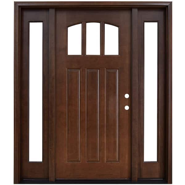 Steves & Sons 64 in. x 80 in. Craftsman 3 Lite Arch Stained Mahogany Wood Prehung Front Door with Sidelites