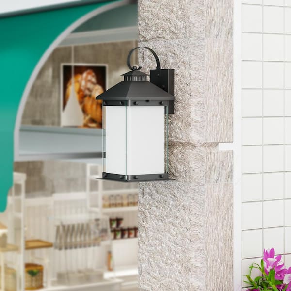 Montpelier 1-Light Sand Grain Black Dusk to Dawn LED Traditional Rectangle Hardwired Lantern Sconce with Clear Glass