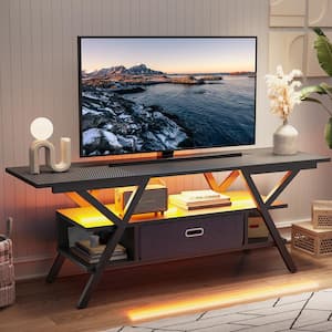 55 in. Black Carbon Fiber TV Stand with Led Lights and Drawer for TVs Up to 65 in. Entertainment Center