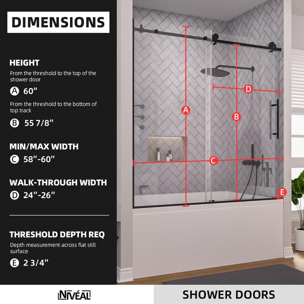 60'' Matte Black Semi-Frameless Sliding Tub Door with Clear Glass