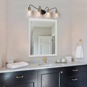 28.5 in. 4-Light Black Industrial Bathroom Vanity Light, Seeded Glass Bath Lighting, Modern Brass Gold Wall Sconce