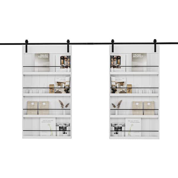ARK DESIGN 84 in. x 84 in. White Primed Composite MDF Shelves Sliding Barn Door with Hardware Kit and Soft Close