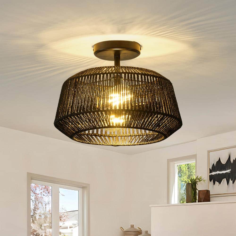 12.6 in. 2-Lights Black Bohemian Semi-Flush Mount Ceiling Light with Woven 