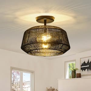 12.6 in. 2-Lights Black Bohemian Semi-Flush Mount Ceiling Light with Woven Shade