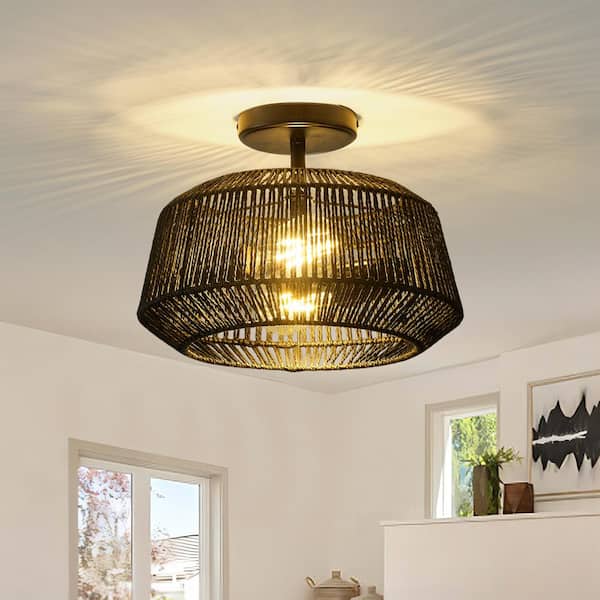 GoYeel 12.6 in. 2-Lights Black Bohemian Semi-Flush Mount Ceiling Light with Woven Shade