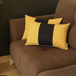 Charlie Set of 2-Black and Yellow Geometric Zippered Handmade Polyester Lumbar Pillow 12 in. x 20 in.