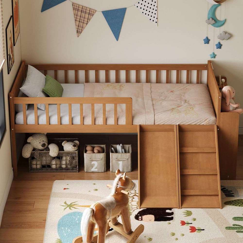 Walnut/Brown Wood Frame Twin Size Platform Bed with Storage Shelf,slide and Ladder,guardrail