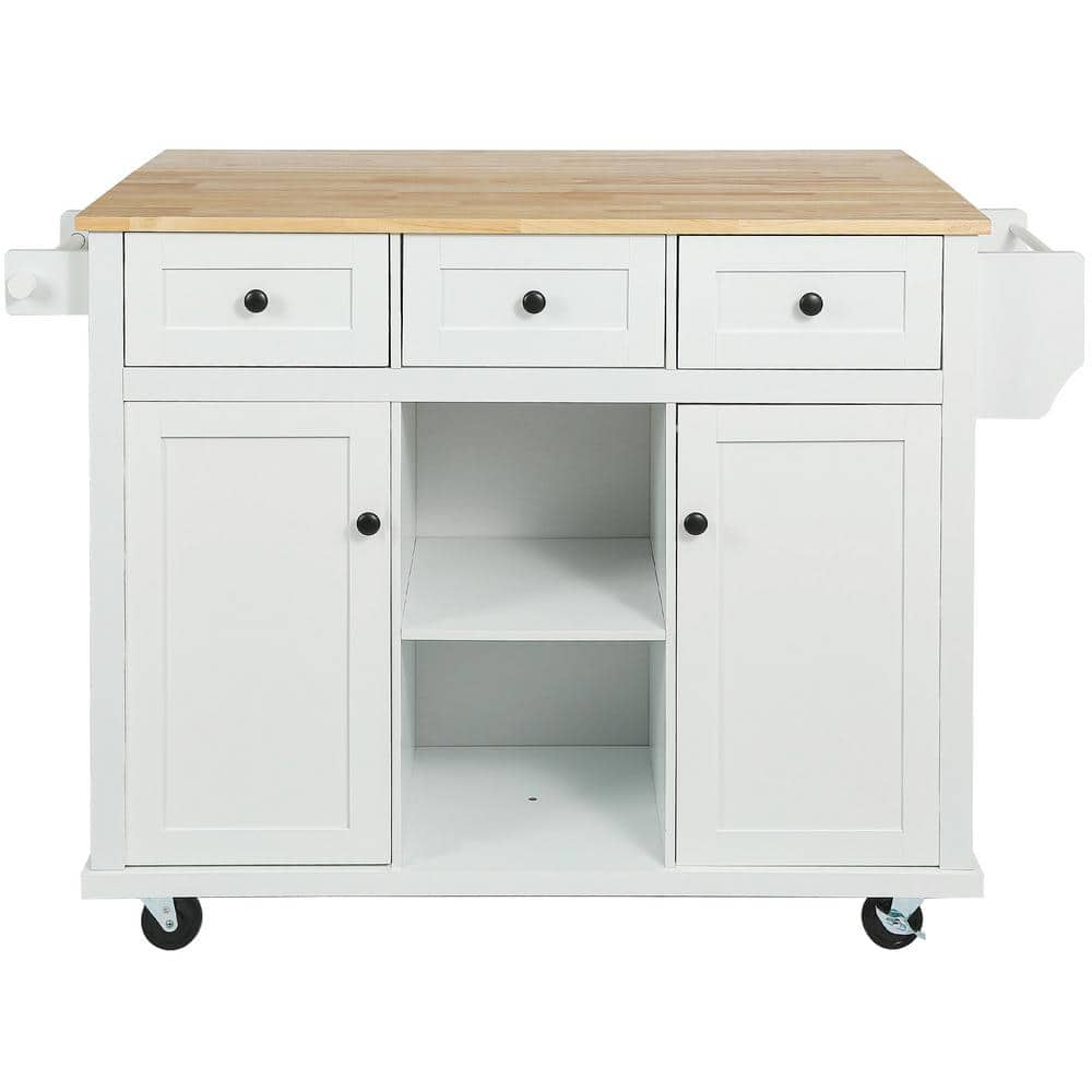 Harper & Bright Designs White Kitchen Cart with Rubber Wood Drop-Leaf Tabletop, Cabinet Door Internal Storage Racks, 5-Wheels and 3-Drawers