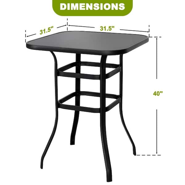 Black Square Metal Bar Height Outdoor Dining Table with Tempered Glass Tabletop