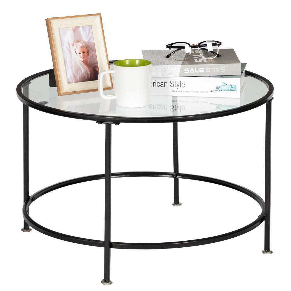 26" Round Tempered Glass Coffee Table with Black Metal Frame