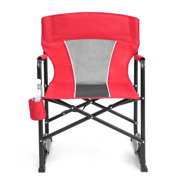 Red Steel Portable Folding Camping Rocking Chair with Armrests and Cup Holder