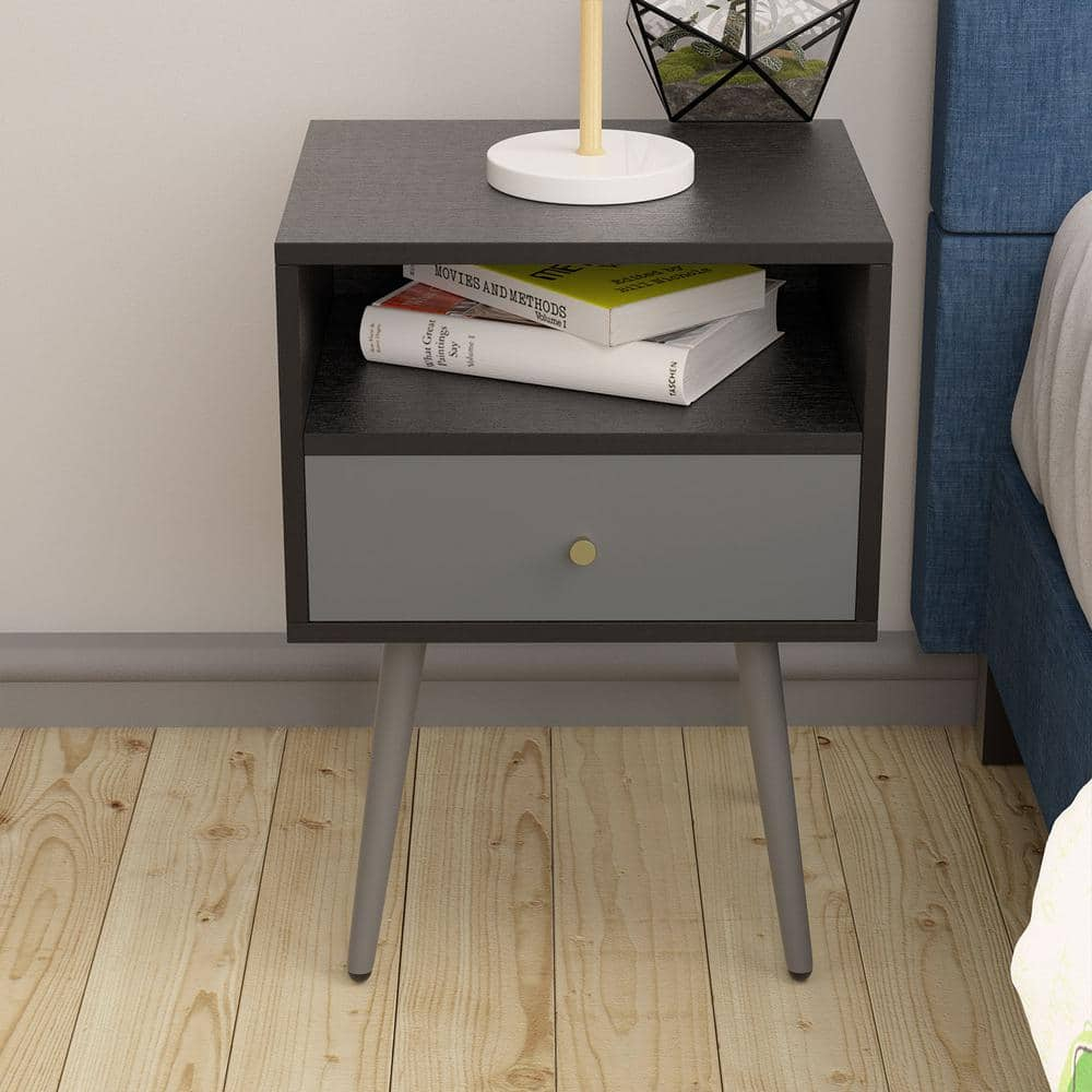 1-Storage Drawer Dark Gray Set of 2 Nightstand with Shelf, 21.50 in. H x 13.70 in. W x 15.60 in. D -  ANBAZAR, WJZ-017-B