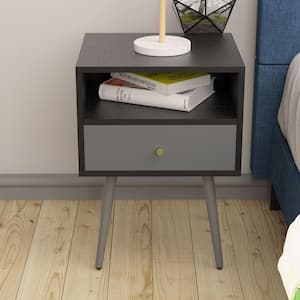 1-Storage Drawer Dark Gray Set of 2 Nightstand with Shelf, 21.50 in. H x 13.70 in. W x 15.60 in. D